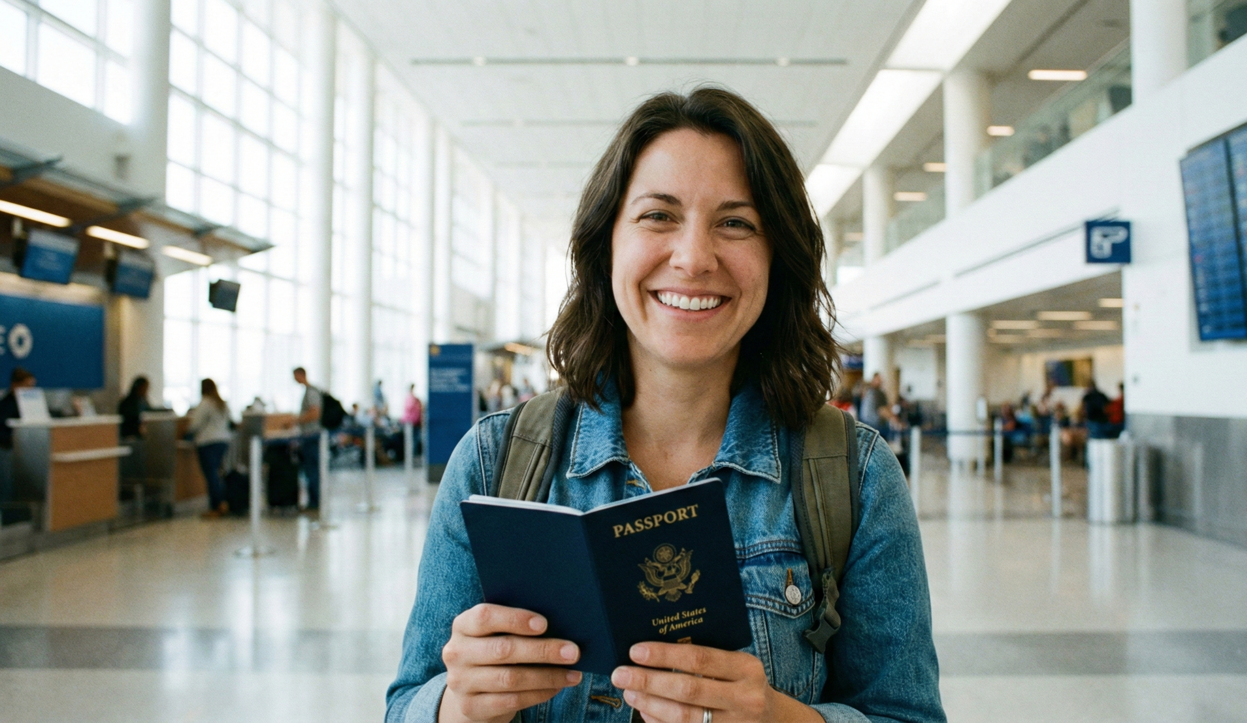 Woman holding passport at airport