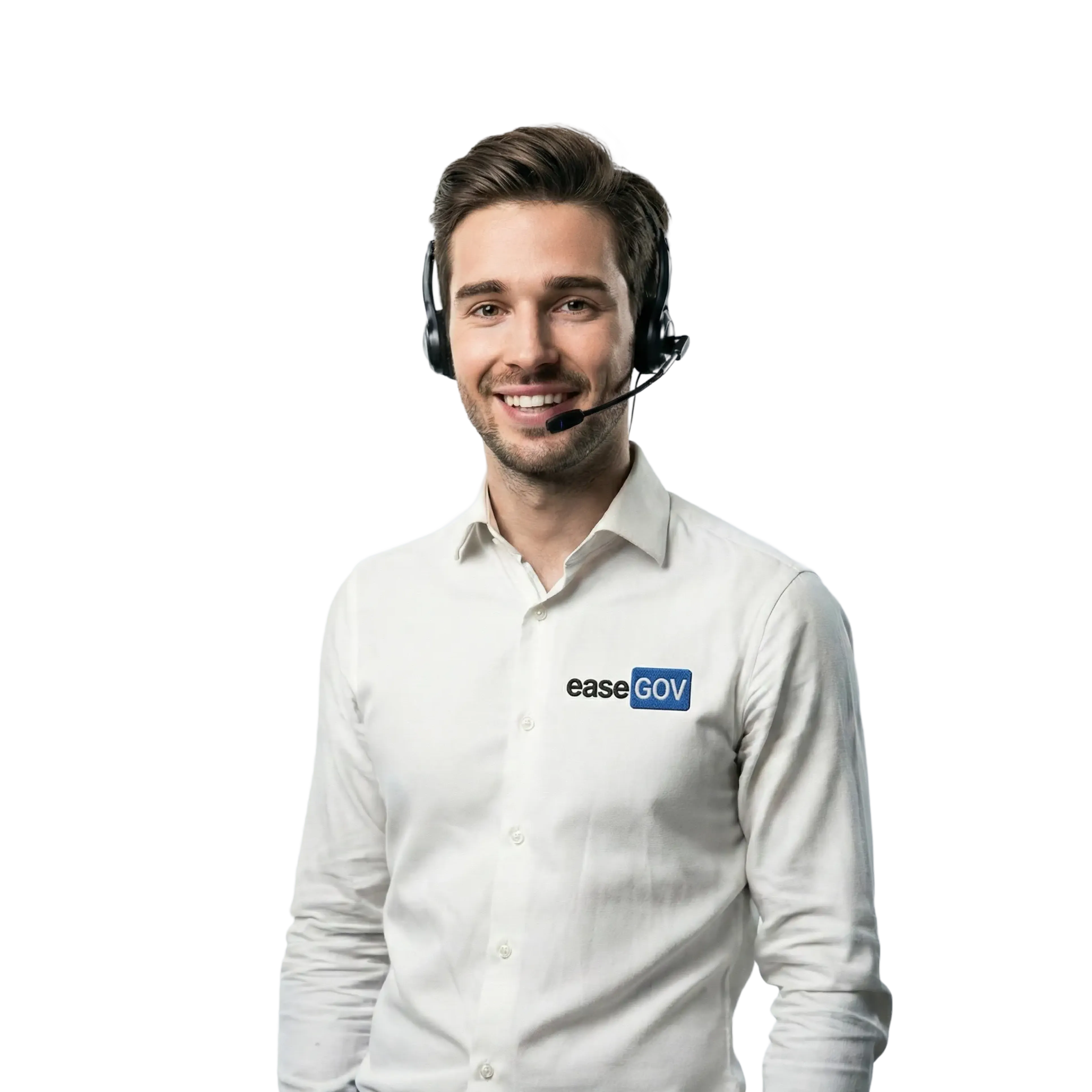 Friendly male customer support agent wearing a headset and a white shirt with the EaseGov logo, smiling against a plain background.